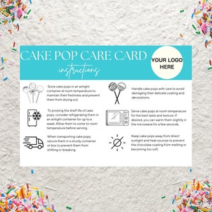 Canva-sjabloon voor cake pop-onderhoud bewerkbare cake pops onderhoudsinstructies onderhoudsgids cake lolly afdrukbare insteekkaarten voor opslagbestellingen