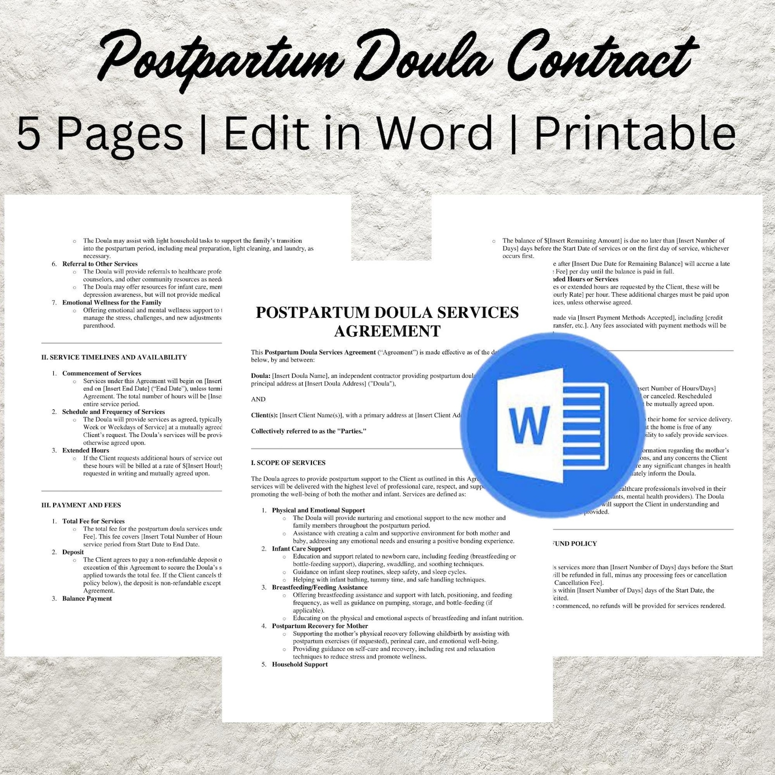 Editable Postpartum Doula Contract Template Service Agreement (PDF