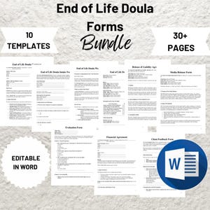 Puede incluir: Una descarga digital de 10 formularios editables de doula de fin de vida en formato Microsoft Word. Los formularios incluyen formularios de admisión, acuerdos de exención de responsabilidad, formularios de autorización de medios, formularios de evaluación, acuerdos financieros y formularios de comentarios de los clientes. El paquete incluye más de 30 páginas de formularios.