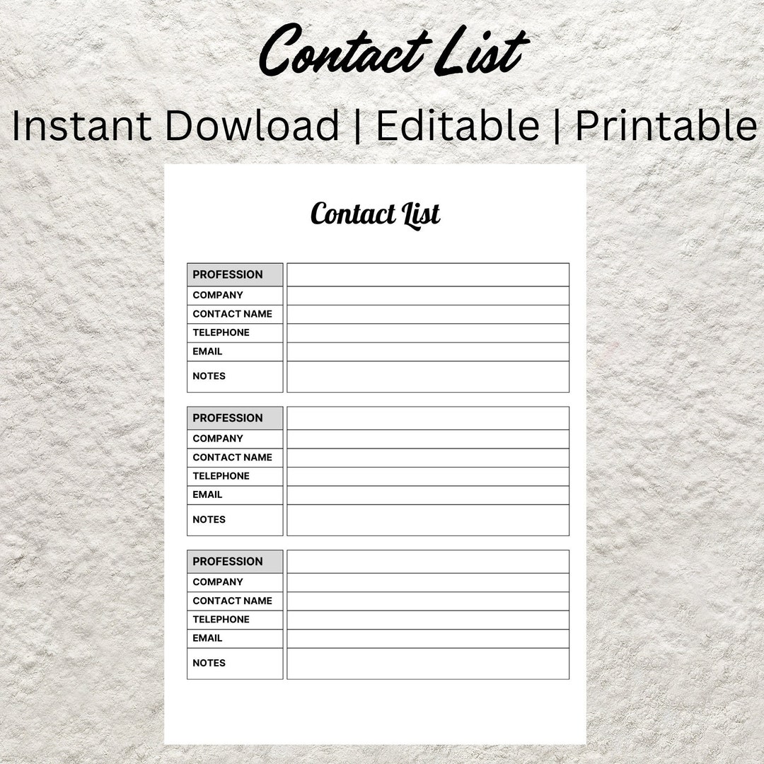 Editable Contact List Template Printable Contact Information List ...