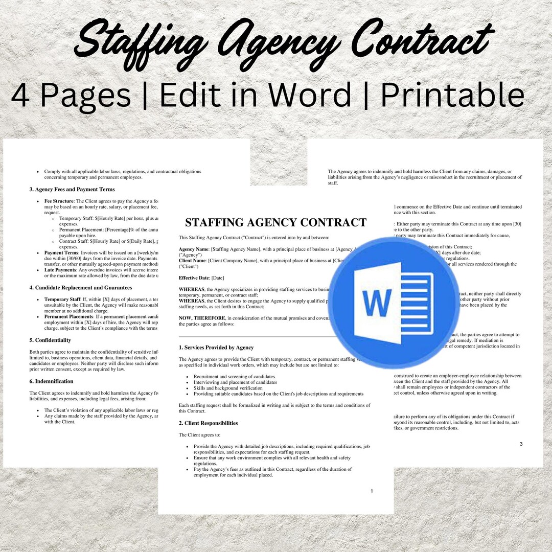 Staffing Agency Contract Template Editable Business Agreements (word