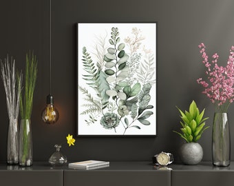 Estampado floral bohemio moderno, arte botánico minimalista para pared (descarga digital)