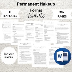 Puede incluir: Un conjunto de 10 formularios de maquillaje permanente imprimibles y editables en un paquete de documentos de Microsoft Word. Los formularios incluyen un formulario de consentimiento, una hoja de instrucciones previas al cuidado, una hoja de instrucciones posteriores al cuidado, un formulario de prueba de parche, un formulario de liberación, un formulario de recibo y una hoja de preguntas frecuentes. El paquete contiene más de 30 páginas.