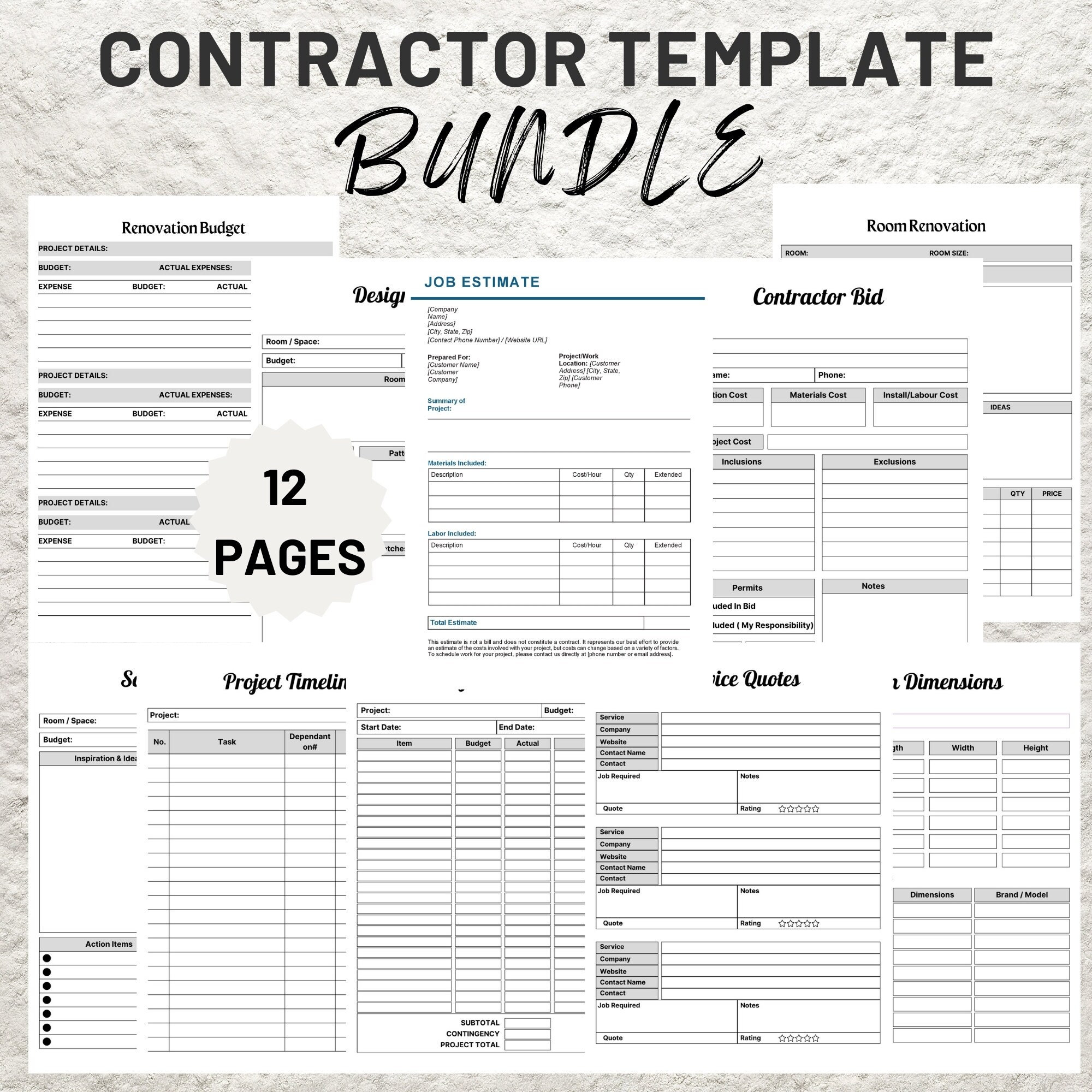 Editable General Contractor Construction Business Forms Template Bundle Printable Contractor Construction Contracting Agreement Forms