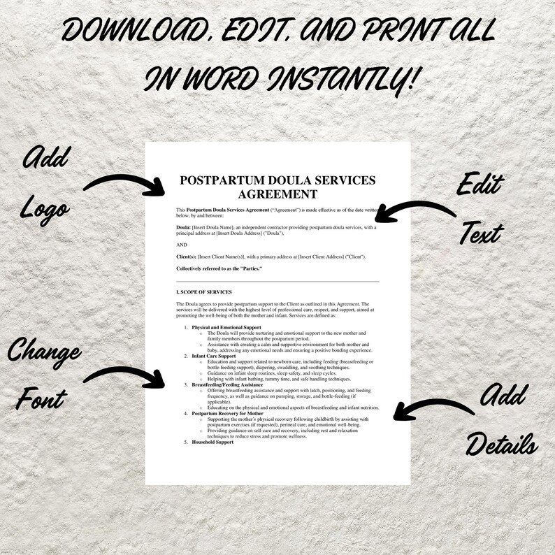 Editable Postpartum Doula Contract Template Service Agreement (PDF