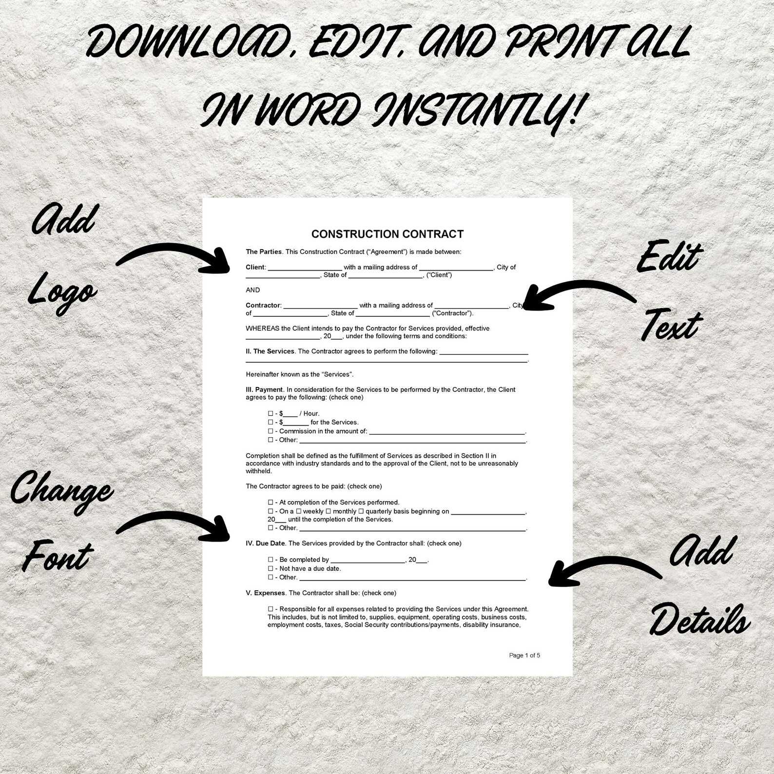 Editable Construction Contract Template: Contractor Agreement (word) - Etsy