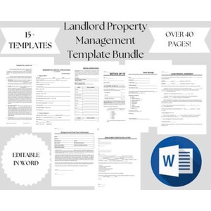 May include: A digital download bundle of 15+ editable Landlord Property Management templates in Microsoft Word format. The bundle includes over 40 pages of forms and documents, such as a residential lease agreement, rental application, and notice to tenant.