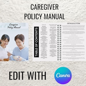Puede incluir: Un manual de políticas para cuidadores con una tabla de contenido y una sección de introducción. La portada presenta una foto de dos mujeres, una mayor y una menor, sonriendo y sosteniendo un tazón. El texto en la portada dice "Manual de políticas para cuidadores". El texto en el manual dice "Editar con Canva".