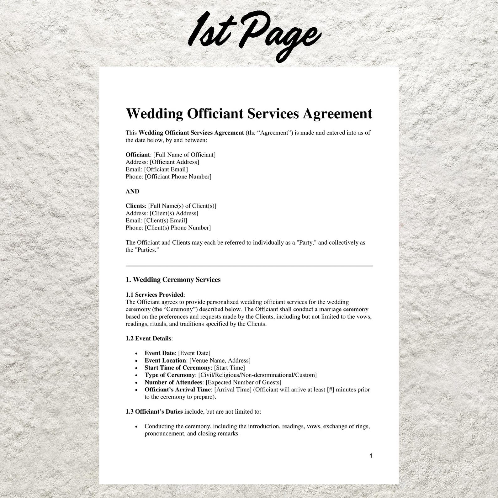 Wedding Officiant Contract Template Editable Service Agreement (word