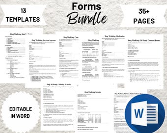 Op de afbeelding: Een digitale download van 13 honden uitlaatschema's in een bundel. De formulieren zijn bewerkbaar in Microsoft Word en bevatten een serviceovereenkomst, een vrijwaringsverklaring, een medicijnformulier, een toestemmingsformulier voor loslopen, een factuur en meer. De bundel bevat meer dan 35 pagina's.