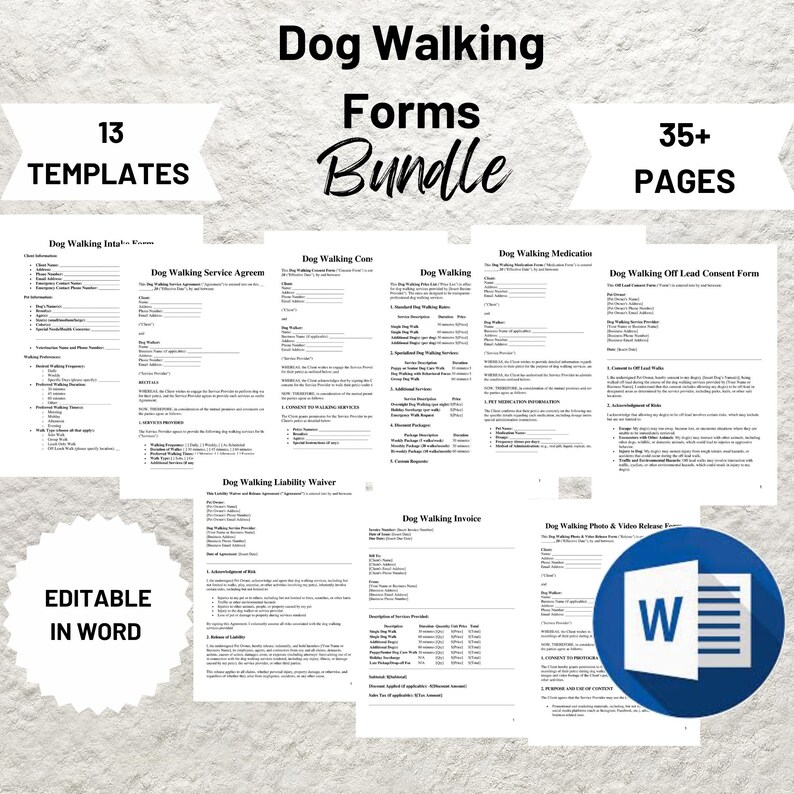 May include: A digital download of 13 dog walking forms in a bundle. The forms are editable in Microsoft Word and include a service agreement, liability waiver, medication form, off-lead consent form, invoice, and more. The bundle includes 35+ pages.