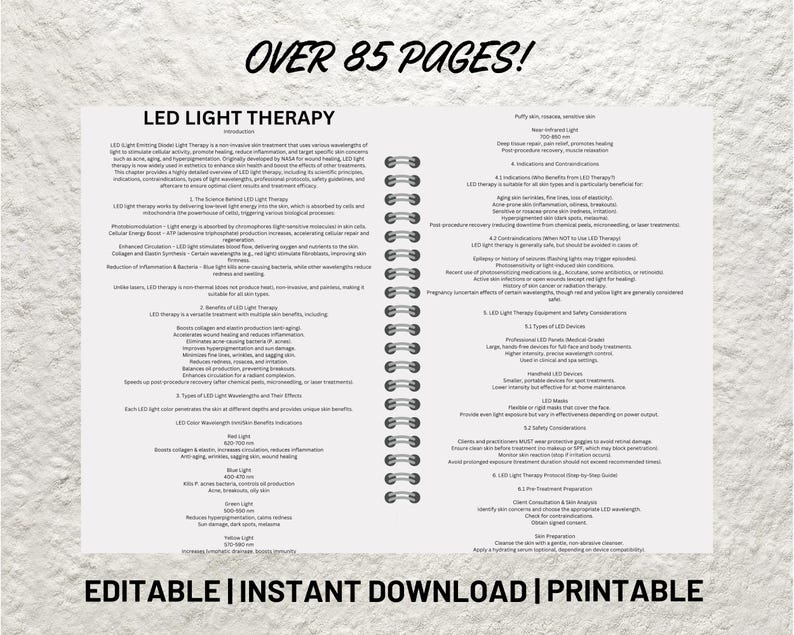 May include: A printable guide to LED light therapy, with over 85 pages of information on the benefits of different wavelengths of light, including red, blue, green, and amber. The guide also includes information on safety considerations, contraindications, and how to choose the right LED light therapy device for your needs.