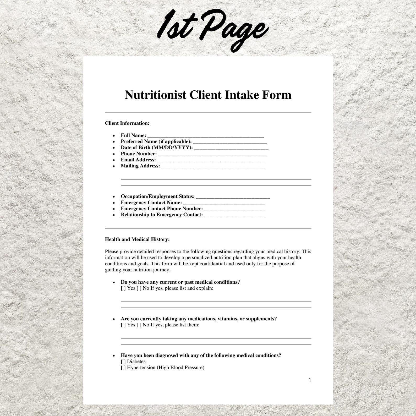 Nutritionist Client Intake Form: Editable Health Questionnaire (word ...