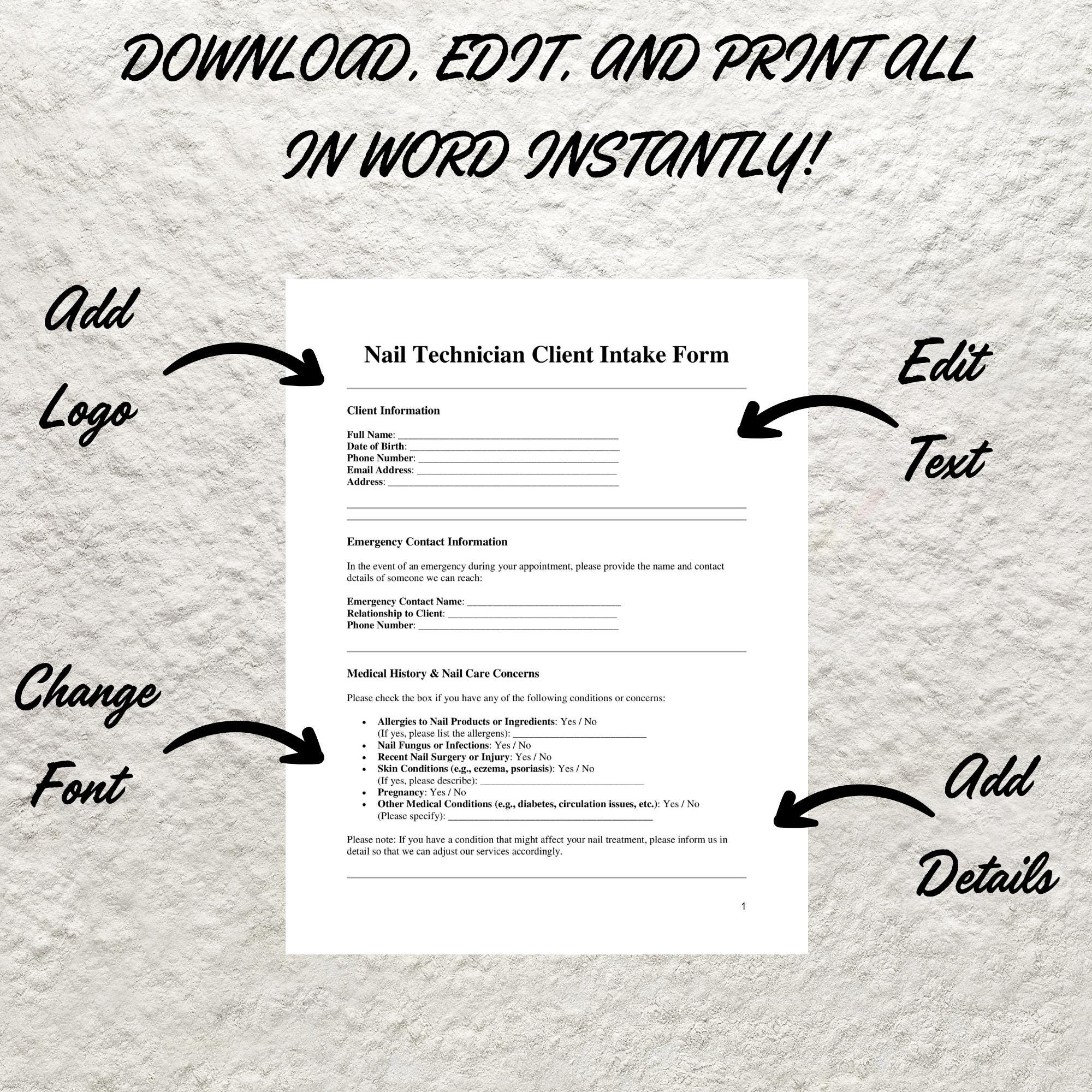Nail Consultation Form, Nail Technician Form, Client Intake, Manicure ...