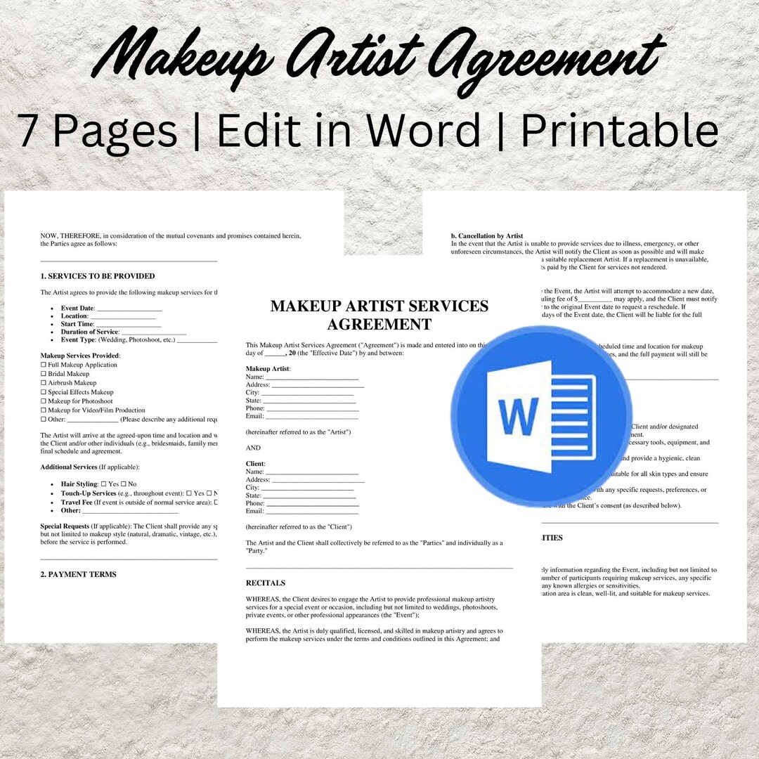 MUA Makeup Artist Contract Template Editable Makeup Service Contract ...