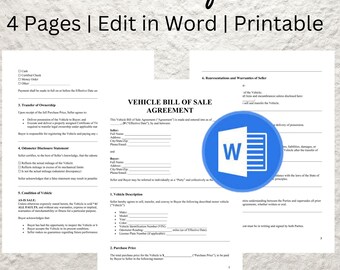 Vehicle Bill of Sale. Printable Motor Vehicle Sale Contract. Vehicle Bill of Sale Template. Editable Google Docs, WORD PDF. Instant Download