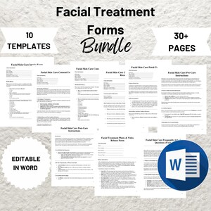 Pode incluir: Um pacote de 10 formulários de tratamento facial imprimíveis para spas e salões. Os formulários são editáveis no Microsoft Word e incluem um formulário de consentimento, instruções pré-tratamento, instruções pós-tratamento, um formulário de liberação e perguntas frequentes. O pacote inclui mais de 30 páginas.