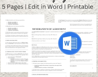 Editable Memorandum of Agreement Template: Business Partnership Contract (PDF Download)