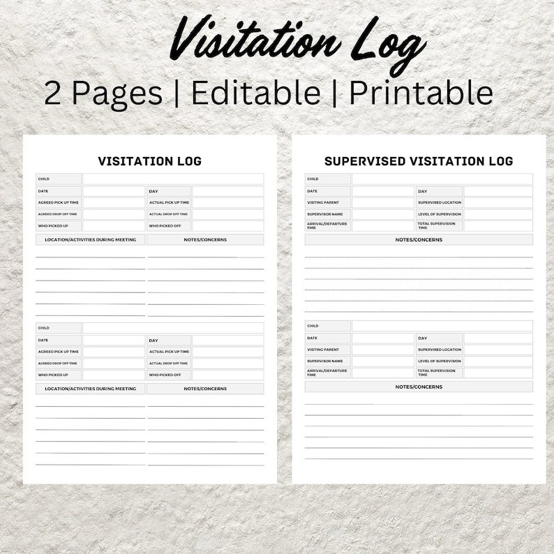 Visitation Log Template Printable Child Care Custody Log Child Visits ...