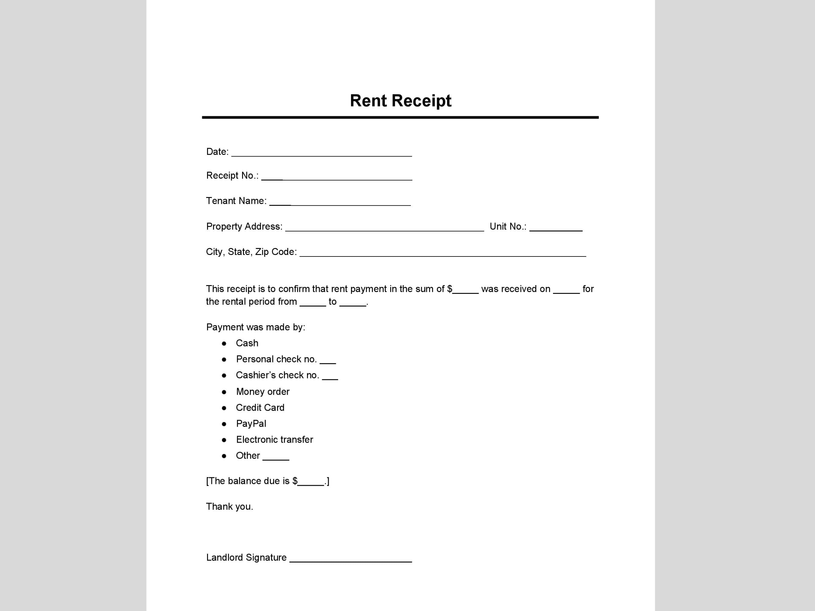 Landlord Rent Receipt Template Tenant Rental Receipt Rent Payment ...