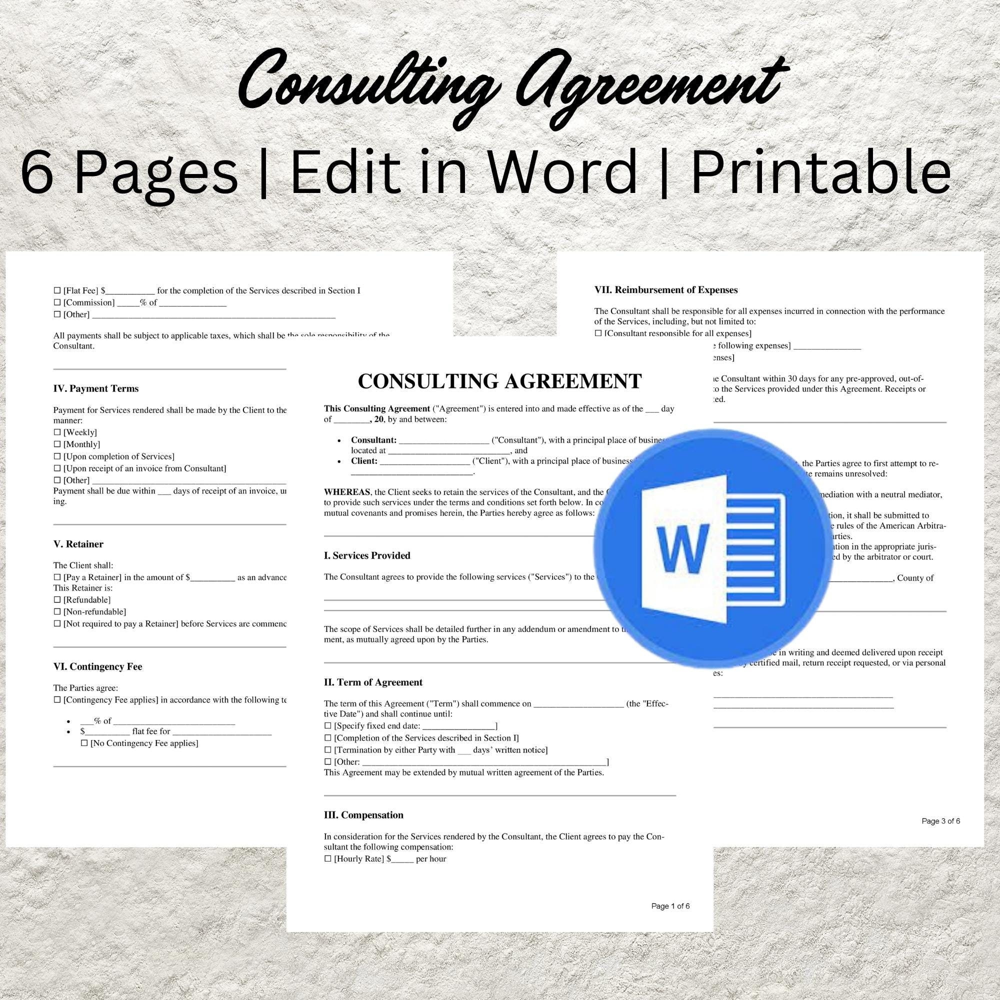 Consultant Contract Template - Editable Consulting Agreement Printable Professional Consulting Service Contract & Consultation Forms