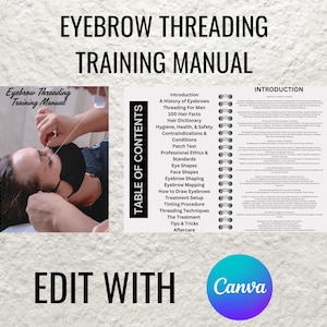 Op de afbeelding: Een trainingshandleiding voor wenkbrauw threading met een inhoudsopgave met onderwerpen zoals wenkbrauwvorming, threadingtechnieken en nazorg. De omslag toont een foto van een persoon die een wenkbrauw threading behandeling krijgt.