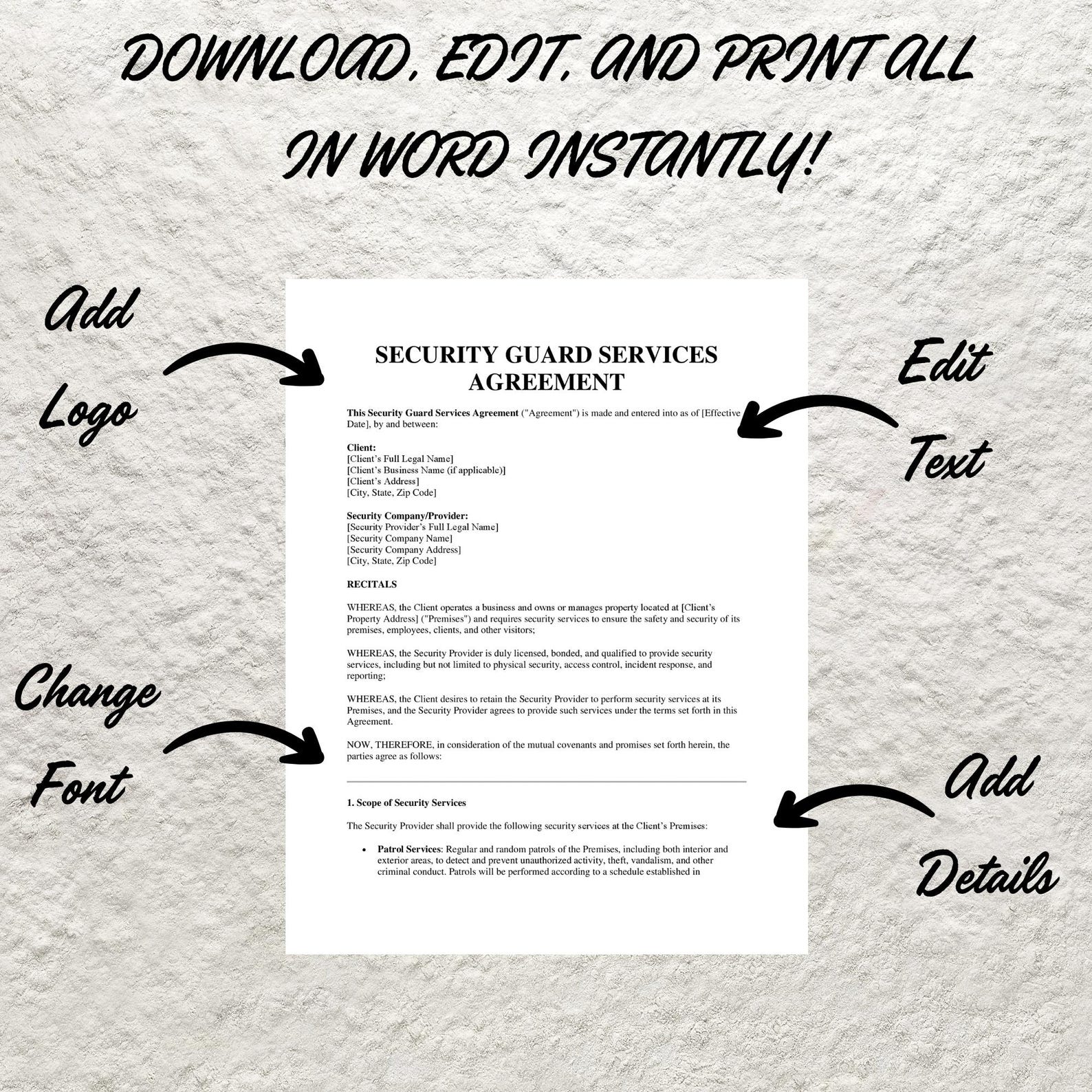 Editable Security Guard Service Contract Template (word Format) - Etsy