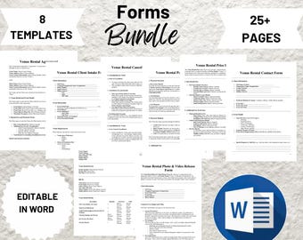May include: A set of eight editable venue rental forms in a bundle. The forms are designed for use in Microsoft Word and include a variety of templates, such as a client intake form, a price list, a cancellation form, and a contact form. The bundle includes over 25 pages of forms.
