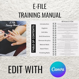 Può includere: Un manuale di formazione per la limatura delle unghie con lima elettrica, con un indice e un'introduzione. La copertina presenta una foto di una manicure che lima le unghie di una cliente.
