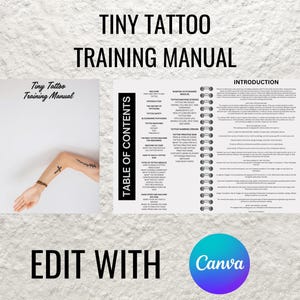 Könnte beinhalten: Ein schwarz-weißes Trainingshandbuch mit dem Titel "Tiny Tattoo Training Manual" mit einem Inhaltsverzeichnis und einer Einleitung. Das Cover zeigt ein Foto eines Arms mit einem kleinen Tattoo.