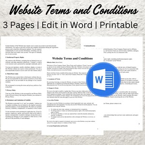 Op de afbeelding: Een afdrukbaar document met de titel "Website Voorwaarden" met het Microsoft Word-logo. De tekst "3 pagina's | Bewerken in Word | Afdrukbaar" is ook zichtbaar. Het document staat op een witte achtergrond.