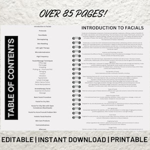May include: A black and white table of contents page for an e-book titled "Introduction to Facials". The page lists various facial treatments, including face masks, dermaplaning, LED light therapy, microdermabrasion, facial massage techniques, and more. The page also includes the text "Over 85 Pages!" and "Editable | Instant Download | Printable".