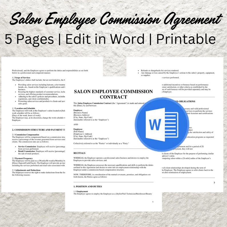 Salon Employee Commission Contract Template (printable & Editable) - Etsy