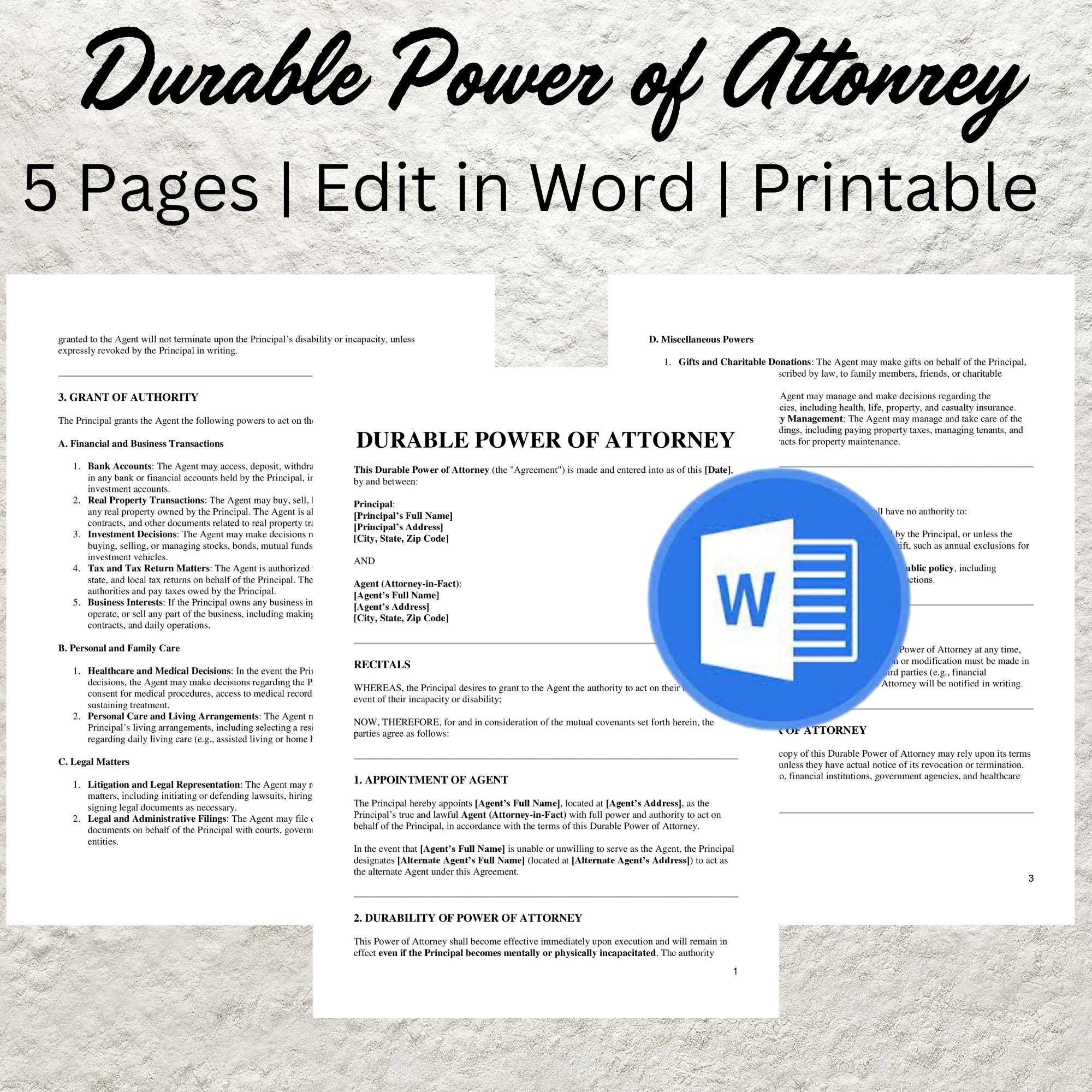 Editable Durable Power of Attorney Template (MS Word, Instant Download)