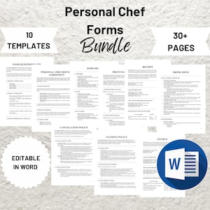 May include: A bundle of 10 editable Microsoft Word templates for personal chefs. The bundle includes forms for a food questionnaire, personal chef service agreement, food menu, price package, receipt, drink menu, cancellation policy, payment policy, and invoice. The bundle contains over 30 pages.