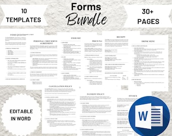 Op de afbeelding: Een bundel met 10 bewerkbare Microsoft Word-sjablonen voor persoonlijke koks. De bundel bevat formulieren voor een voedselvragenlijst, een overeenkomst voor persoonlijke kookdiensten, een voedselmenu, een prijspakket, een ontvangstbewijs, een drankmenu, een annuleringsbeleid, een betalingsbeleid en een factuur. De bundel bevat meer dan 30 pagina's.