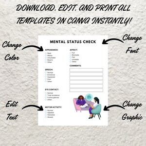 May include: A printable mental status check form with a checklist of categories including appearance, affect, speech, eye contact, and motor activity. The form includes a section for comments and an illustration of two people in a therapy session.