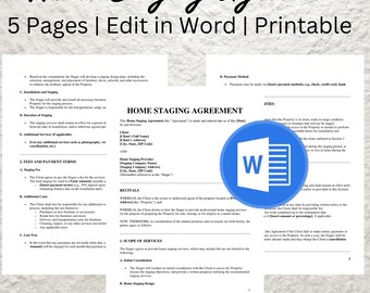 Könnte beinhalten: Ein blaues und weißes Word-Dokument-Symbol mit dem Text "Home Staging Agreement" in schwarzer Schrift. Das Dokument ist auf einer Seite mit dem Text "Scope of Services" und "Initial Consultation" geöffnet.