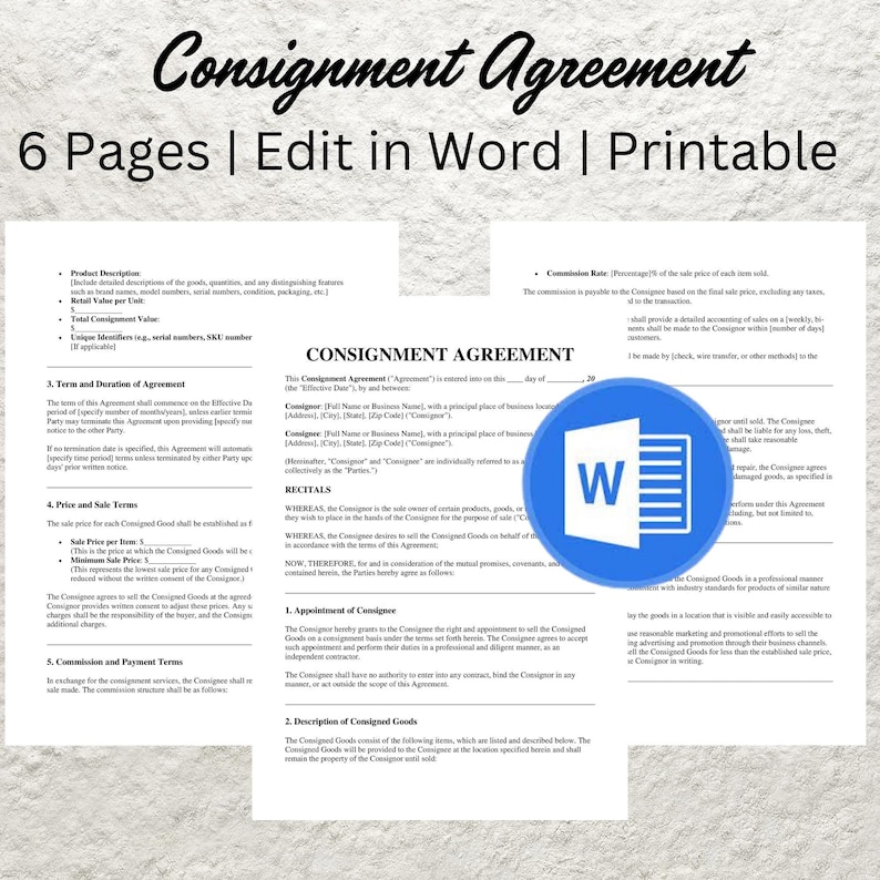 Puede incluir: Una plantilla de contrato de consignaci&oacute;n legal en formato Word. El documento se titula "Contratode Consignaci&oacute;n" e incluye secciones para los t&eacute;rminos y la duraci&oacute;n del contrato, los precios y las condiciones de venta, las comisiones y las condiciones de pago, y una descripci&oacute;n de los bienes consignados.