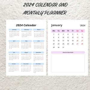 May include: A printable 2024 calendar and monthly planner with a light blue and pink color scheme. The calendar includes all 12 months of the year, with each month displayed in a separate grid. The planner section includes a space for notes and reminders.