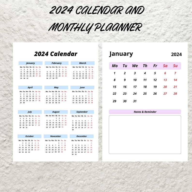 May include: A printable 2024 calendar and monthly planner with a light blue and pink color scheme. The calendar includes all 12 months of the year, with each month displayed in a separate grid. The planner section includes a space for notes and reminders.