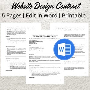 May include: A website design contract template in a Word document format. The document is titled "Website Design Contract" and includes a section titled "Web Design Agreement".