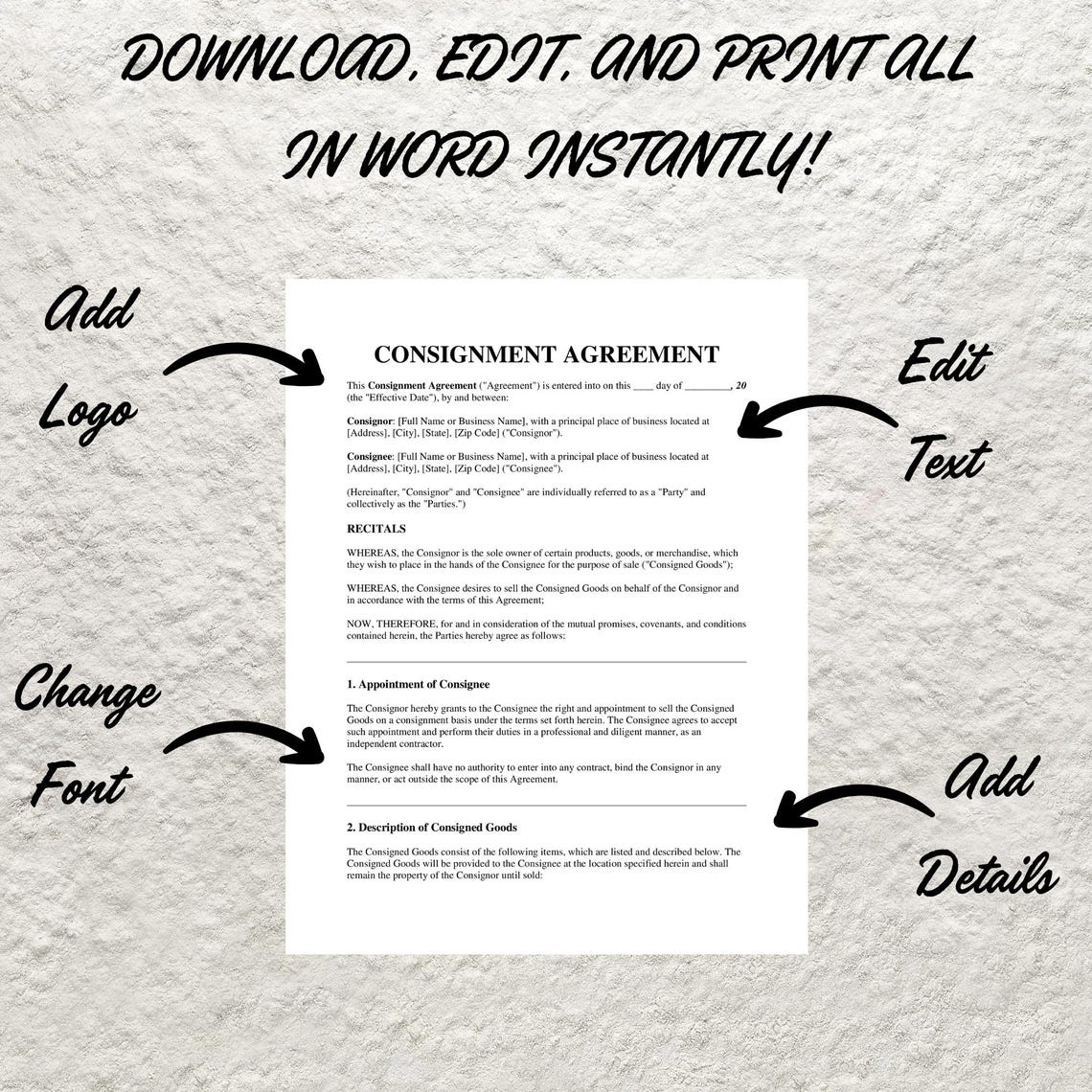 Consignment Contract Template Editable Professional Shop Agreement ...