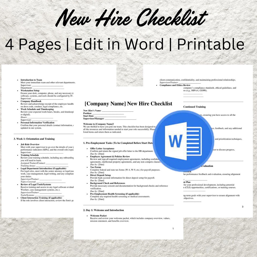 Editable New Hire Checklist Template: HR Onboarding Form (printable) - Etsy