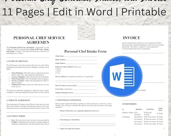 Op de afbeelding: Een afdrukbare Word-documenttemplate voor een contract voor een persoonlijke chef-kok, een intakeformulier en een factuur. Het document bevat secties voor de reikwijdte van de diensten, de voorwaarden van de overeenkomst, de betalingsvoorwaarden, voedselvoorkeuren en -beperkingen, en een gedetailleerde specificatie van de factuur.