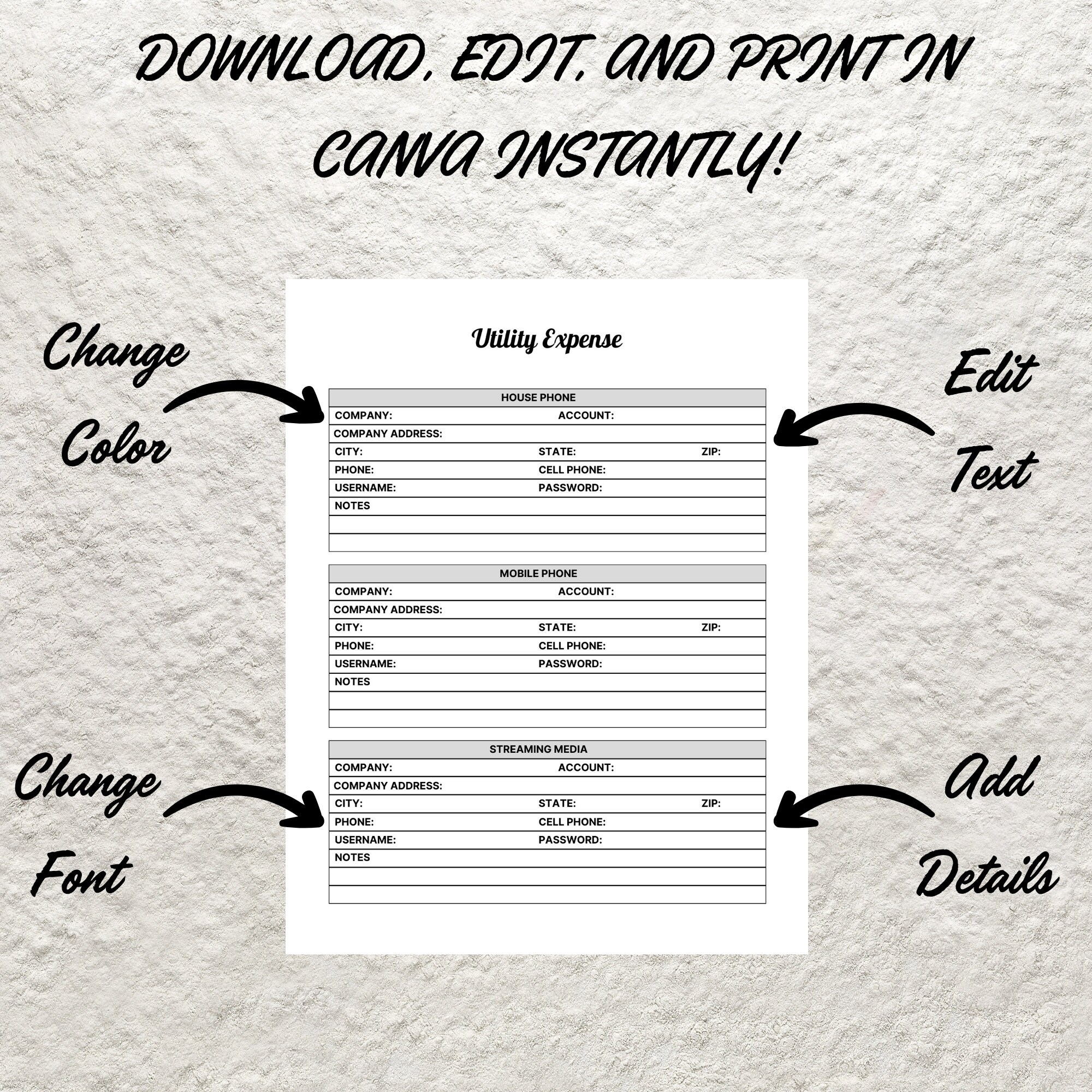Utility Bill Tracker Template Printable Utility Contacts Utility ...