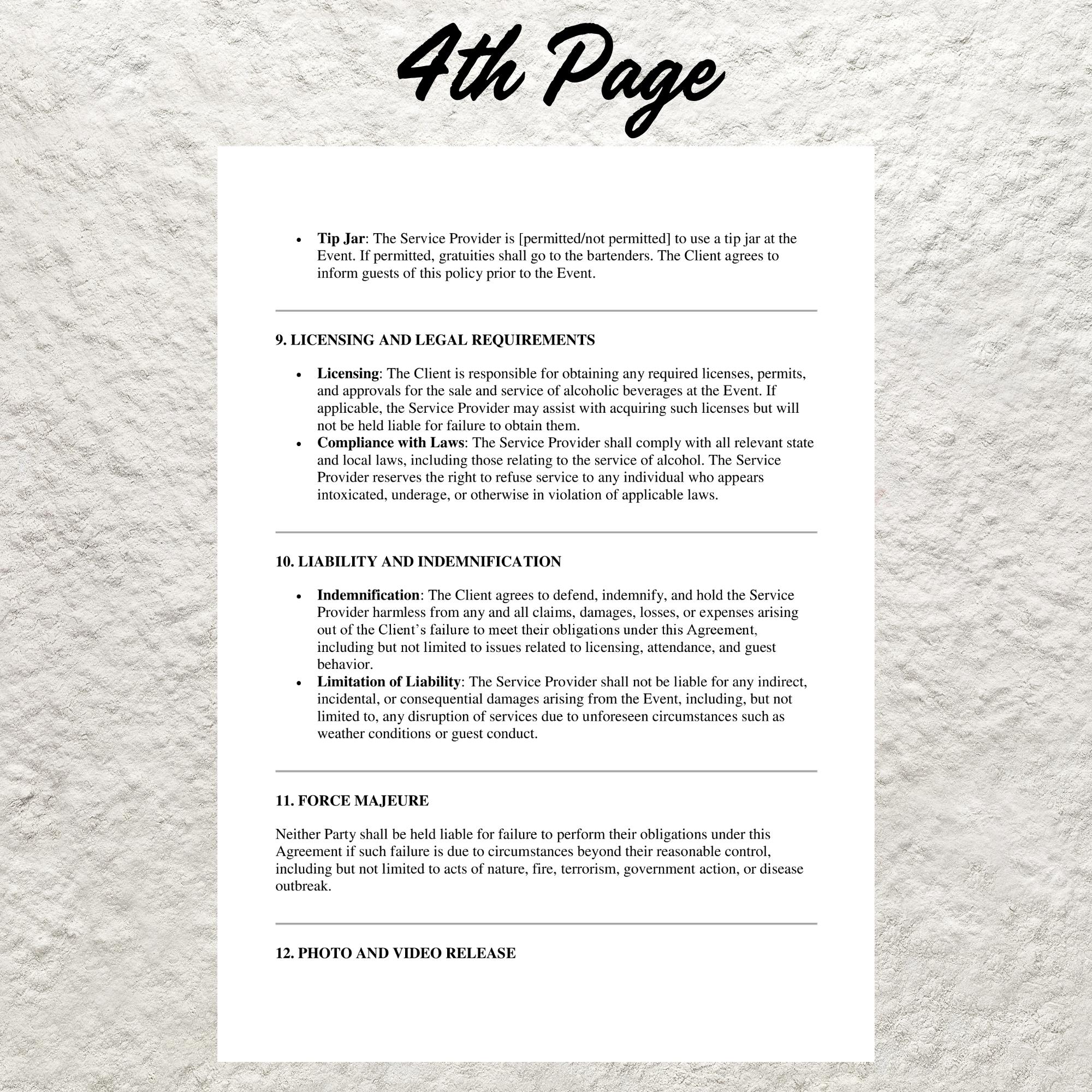 Event Bartender Service Contract Template Editable Mobile Bartender ...