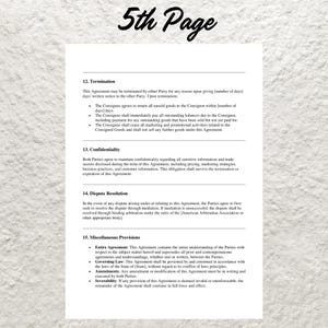 Puede incluir: Un documento legal que describe los t&eacute;rminos de un acuerdo, incluyendo la terminaci&oacute;n, la confidencialidad, la resoluci&oacute;n de disputas y las disposiciones miscel&aacute;neas. El documento se titula "5th Page".