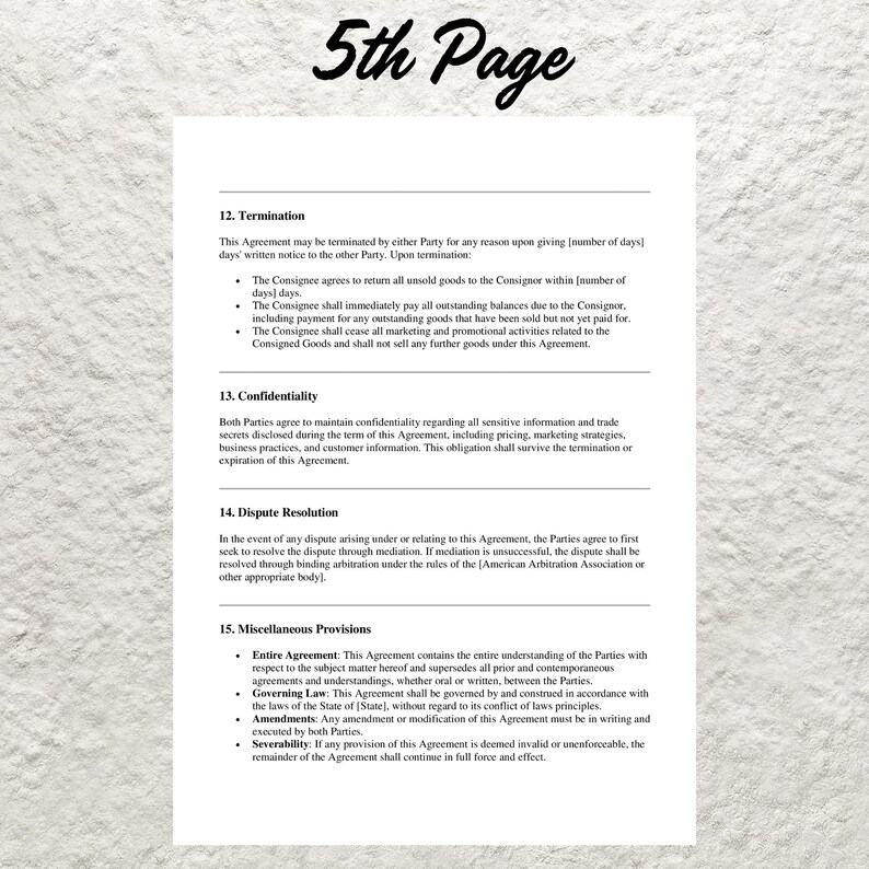 Puede incluir: Un documento legal que describe los t&eacute;rminos de un acuerdo, incluyendo la terminaci&oacute;n, la confidencialidad, la resoluci&oacute;n de disputas y las disposiciones miscel&aacute;neas. El documento se titula "5th Page".