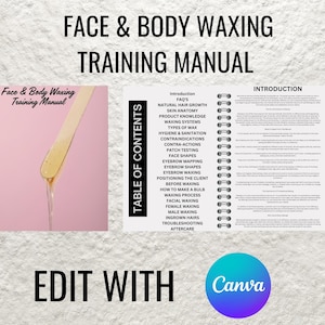 Puede incluir: Un manual de formación rosa y blanco con encuadernación en espiral. La portada presenta un bastón de cera que gotea cera sobre un fondo rosa. El título del manual es "Face & Body Waxing Training Manual". La tabla de contenidos incluye temas como el crecimiento natural del vello, la anatomía de la piel, el conocimiento de los productos, los sistemas de depilación con cera, los tipos de cera, la higiene y la desinfección, las contraindicaciones, las contra-acciones, las pruebas de parche, las formas de la cara, el mapeo de las cejas, las formas de las cejas, la depilación de las cejas, el posicionamiento del cliente, antes de la depilación, cómo hacer una bombilla, el proceso de depilación, la depilación facial, la depilación femenina, la depilación masculina, los pelos encarnados, la resolución de problemas y el cuidado posterior.